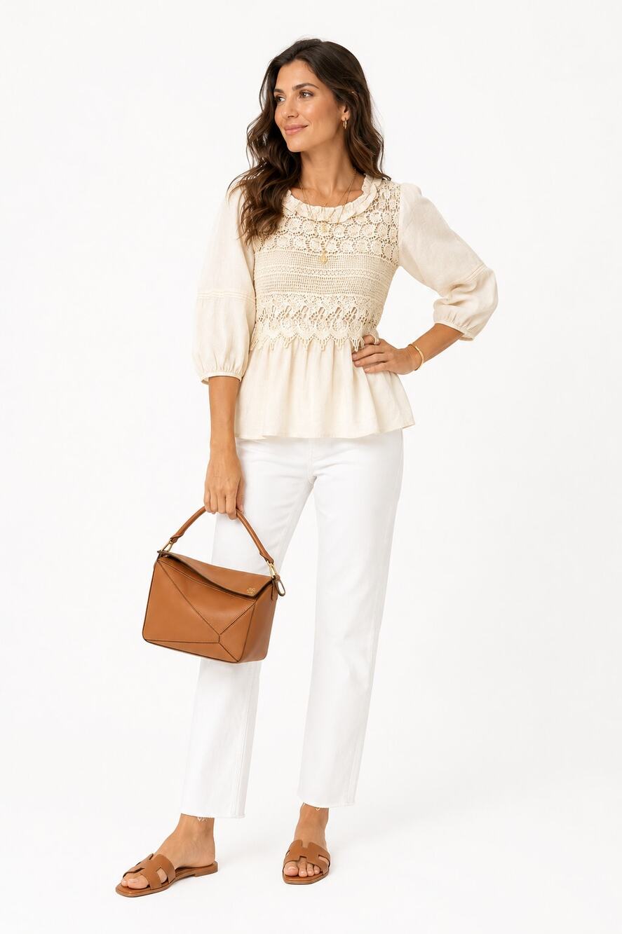 &Merci NWT Cream Crochet Lace Peplum Blouse Large Boho Cottagecore Romantic
